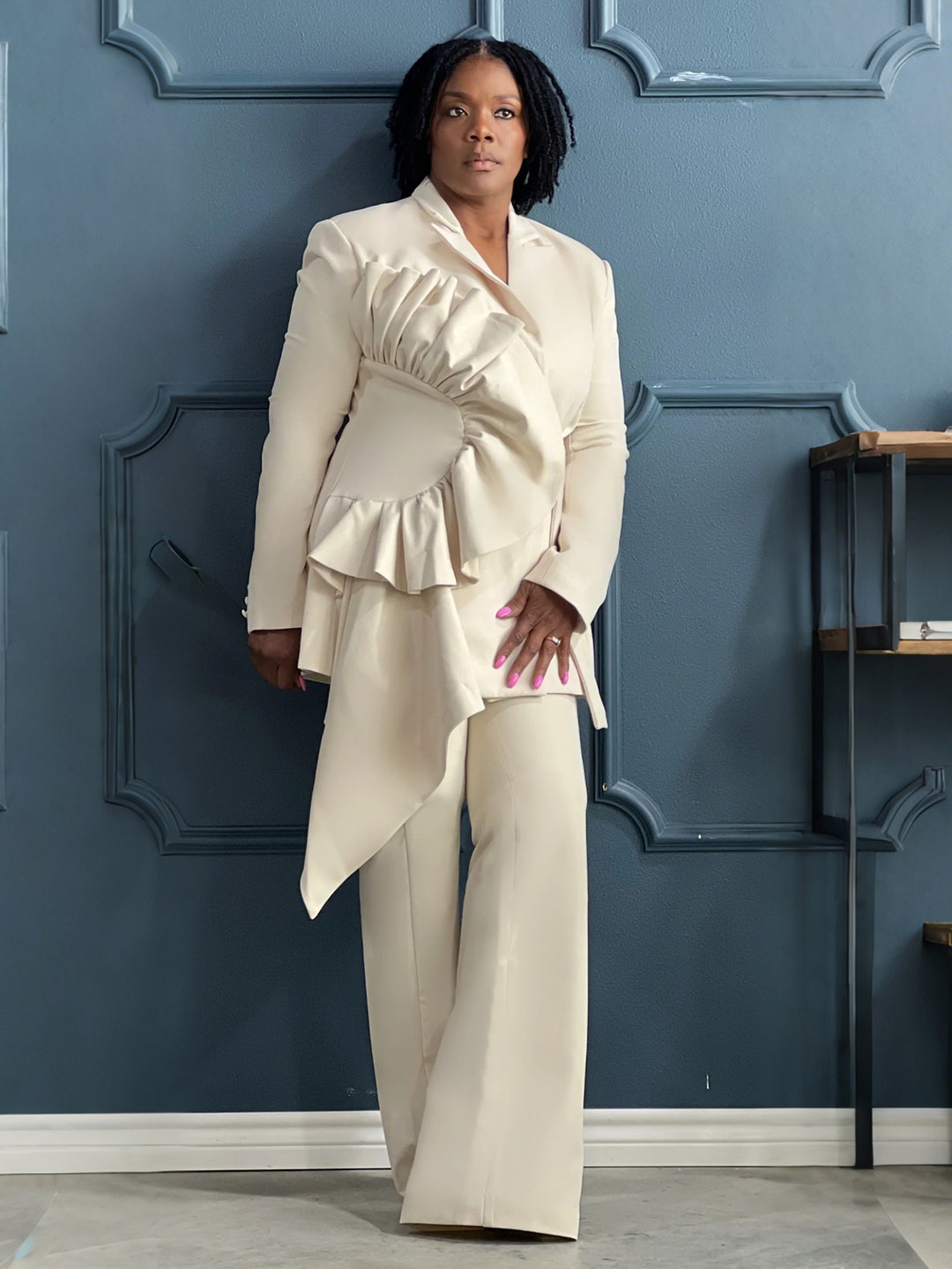 Elegant Asymmetrical Ruffled Blazer & Flared Pants