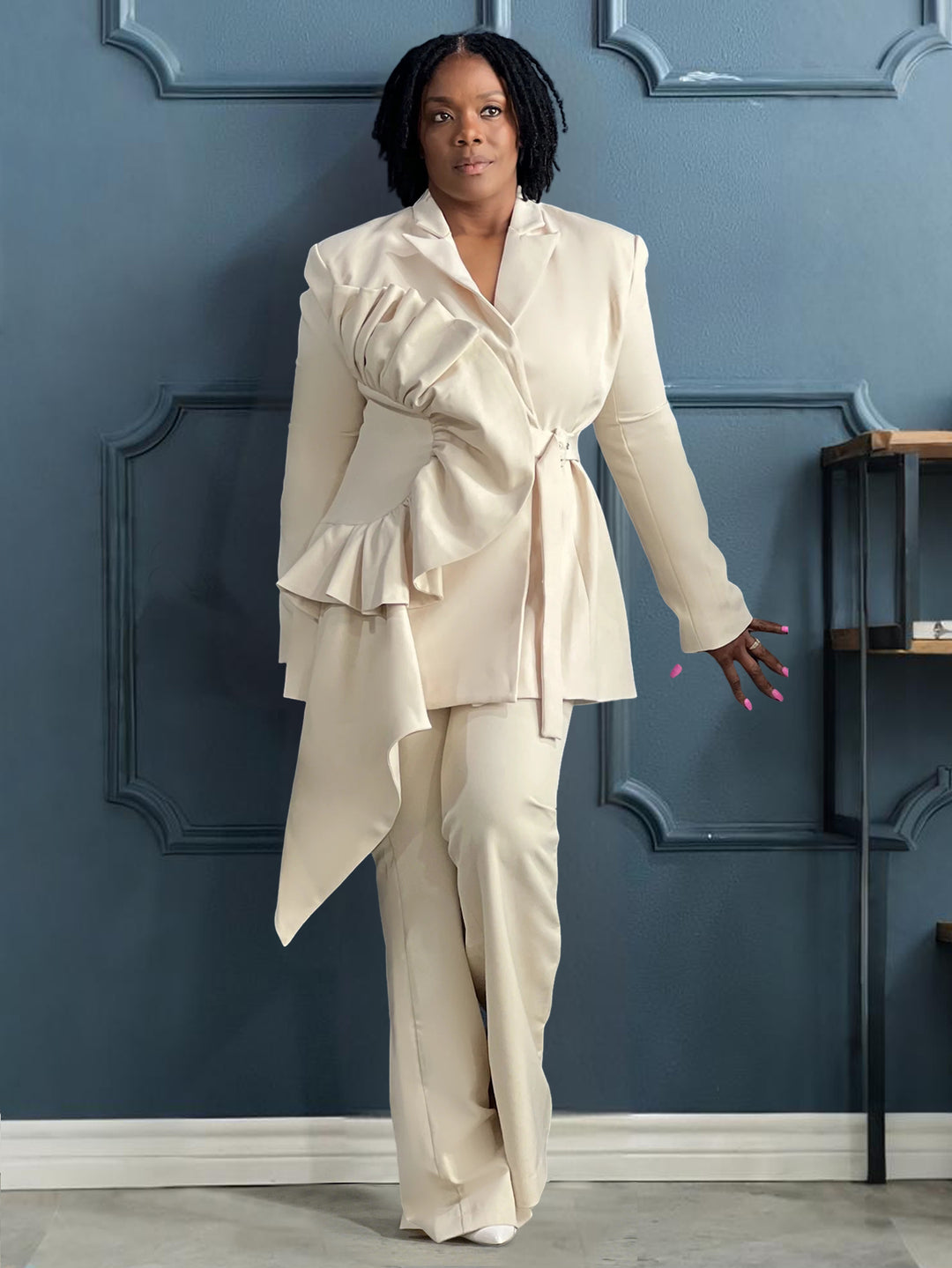 Elegant Asymmetrical Ruffled Blazer & Flared Pants
