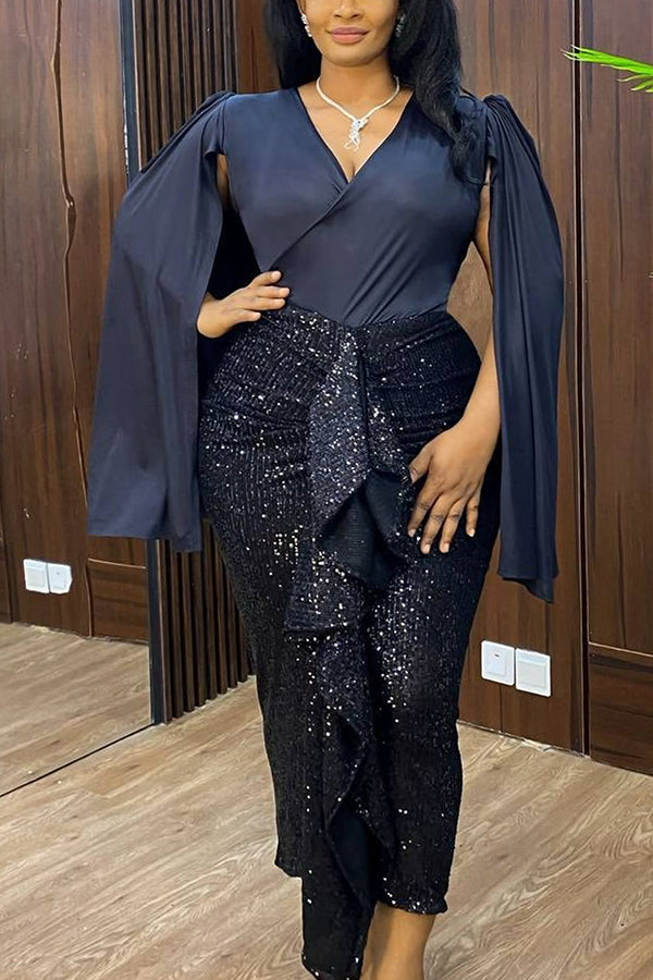 Elegant Cape Sleeve Ruffle Sequin Mix Dress 