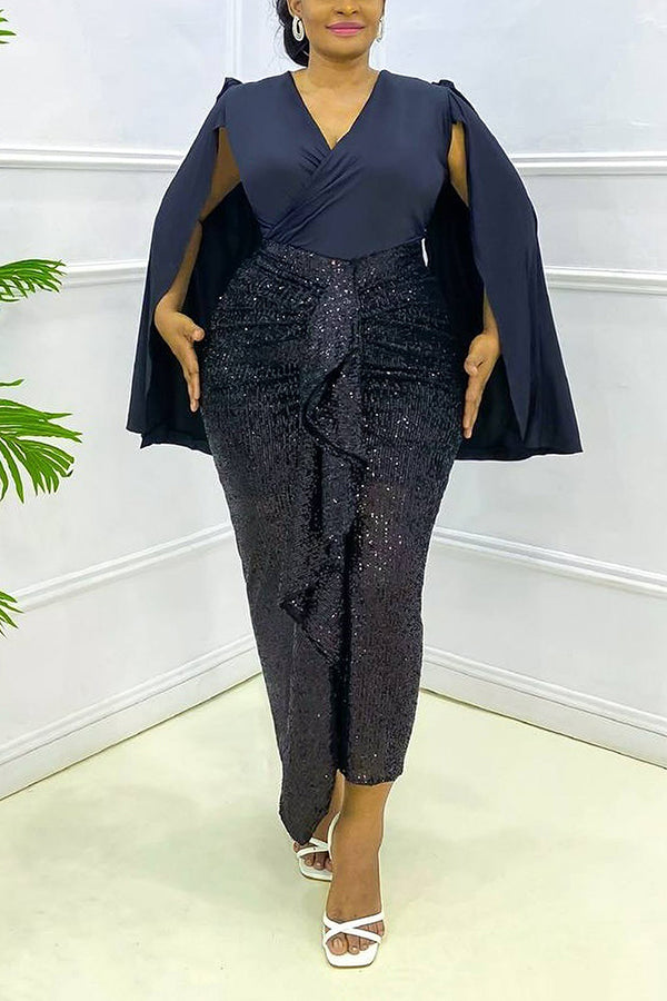 Elegant Cape Sleeve Ruffle Sequin Mix Dress 