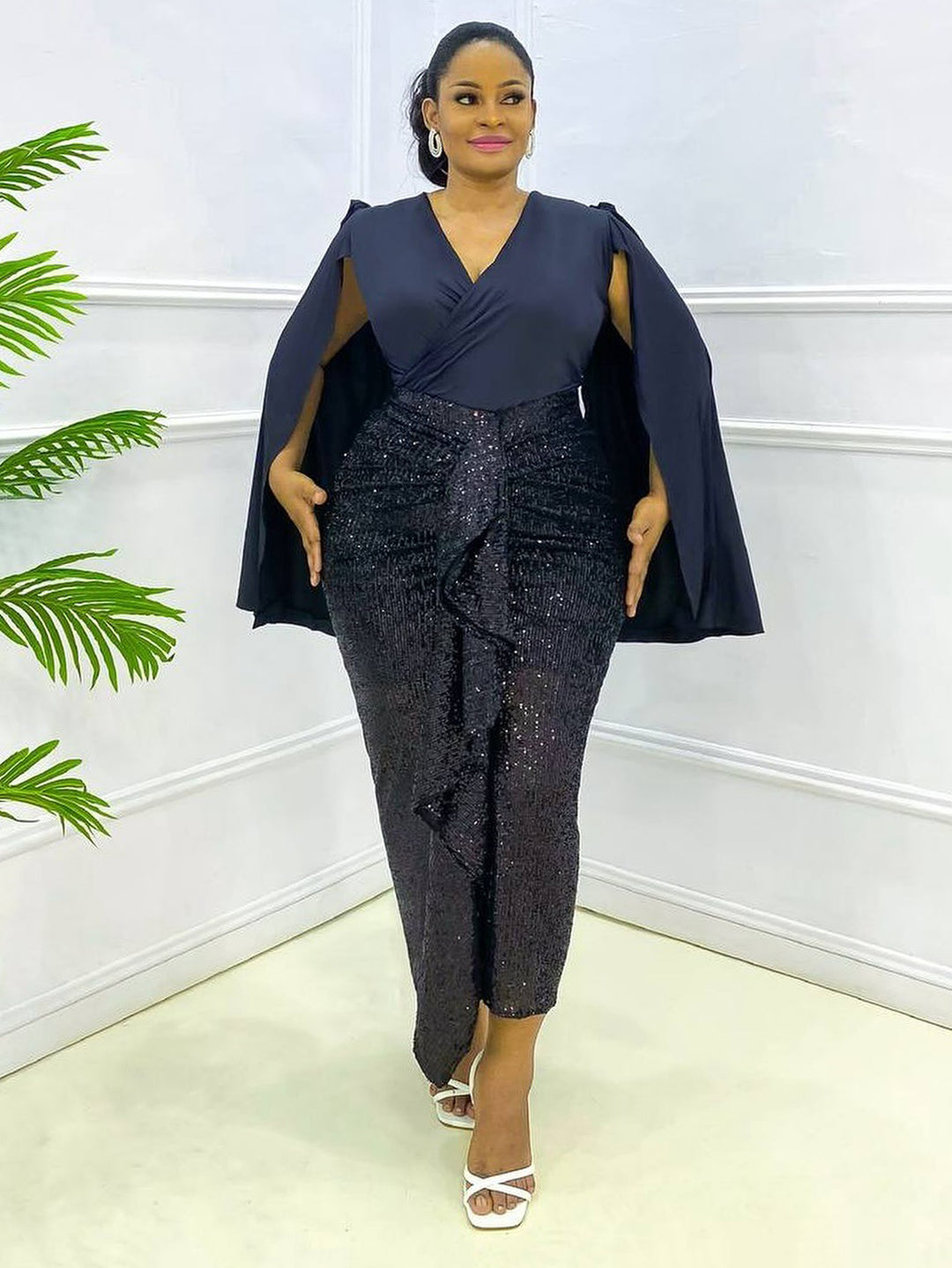 Elegant Cape Sleeve Ruffle Sequin Mix Dress 