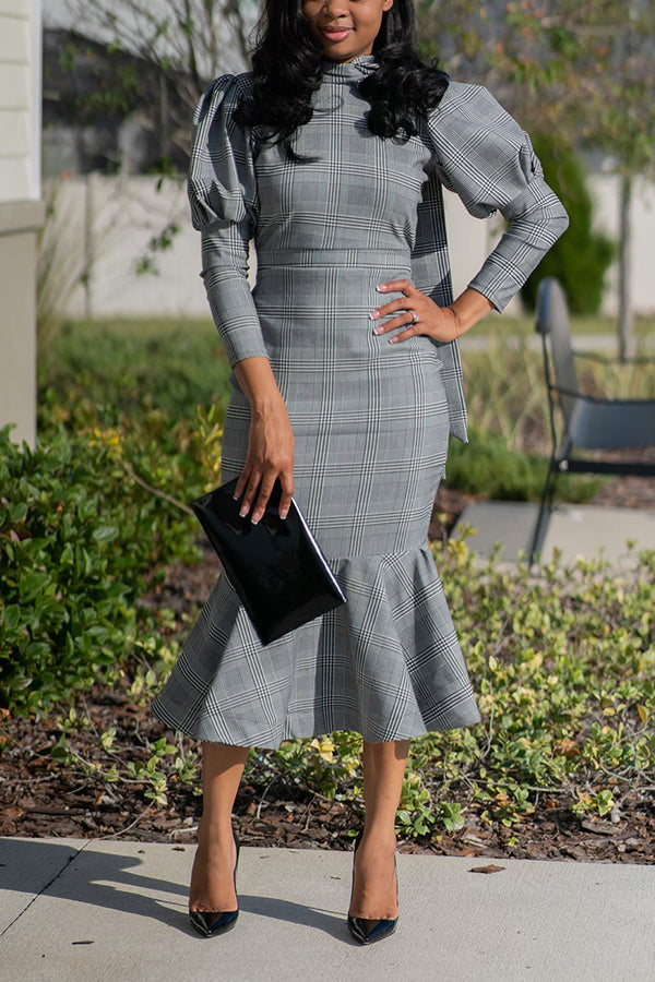Elegant Plaid Ruffle Hem Puff Sleeve Dress