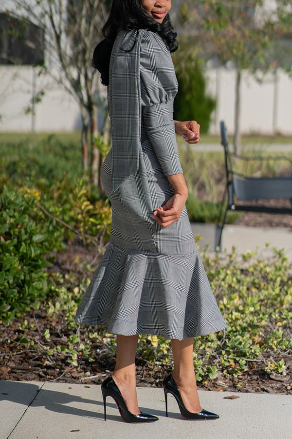 Elegant Plaid Ruffle Hem Puff Sleeve Dress