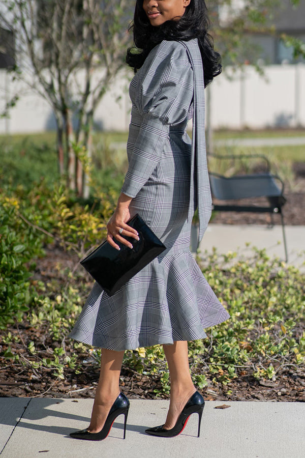 Elegant Plaid Ruffle Hem Puff Sleeve Dress