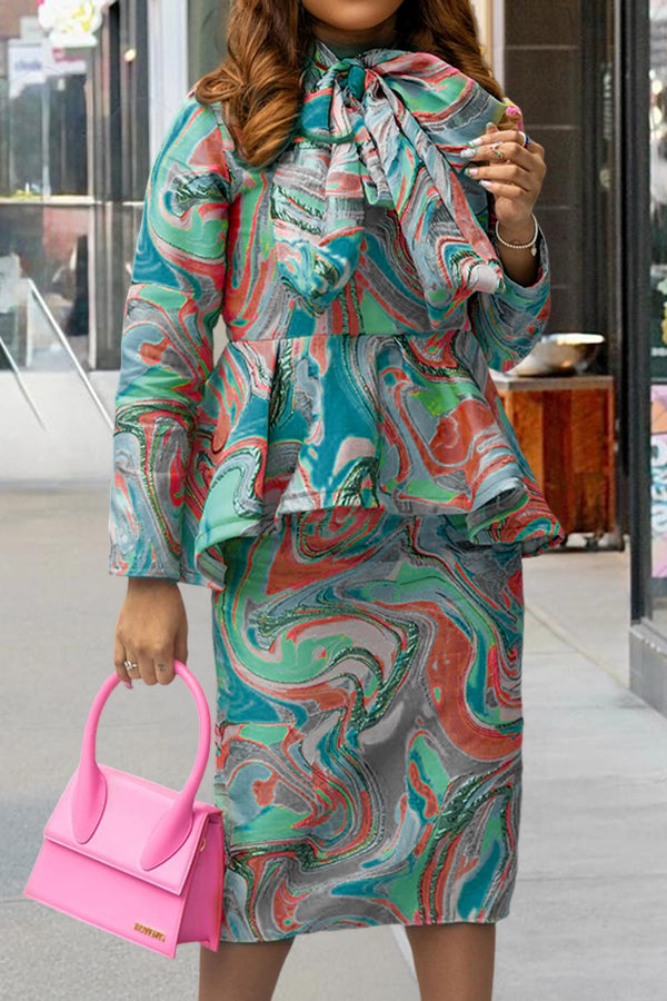 Elegant Watercolor Print Bow Tie Skirt Set