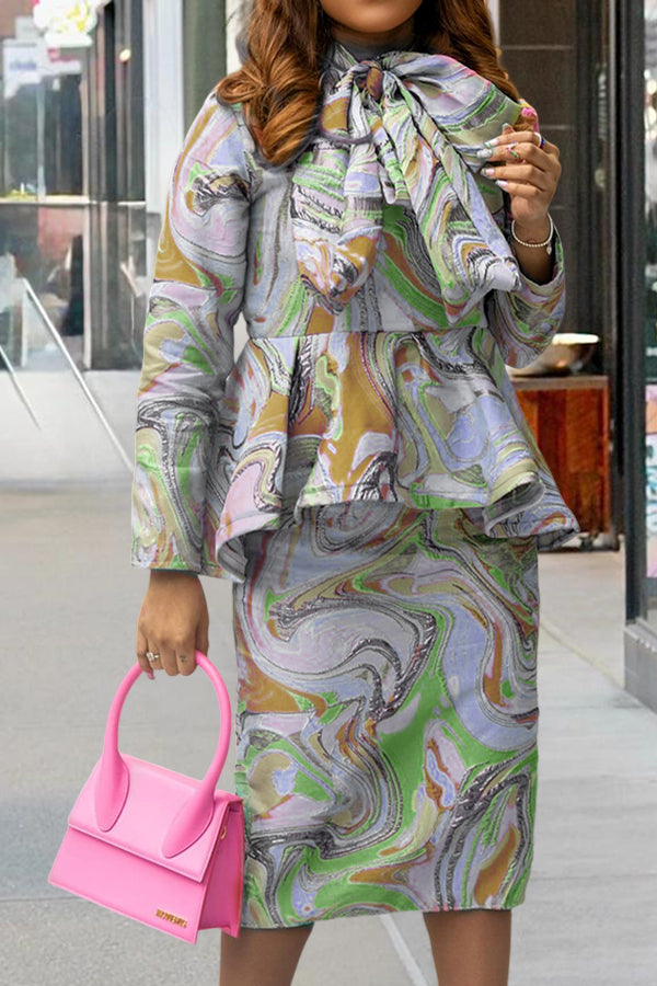 Elegant Watercolor Print Bow Tie Skirt Set