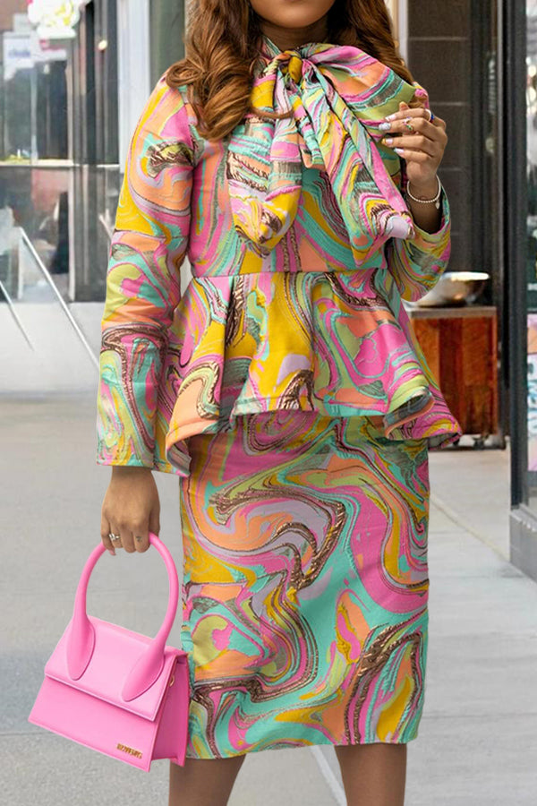 Elegant Watercolor Print Bow Tie Skirt Set