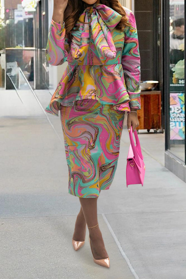 Elegant Watercolor Print Bow Tie Skirt Set