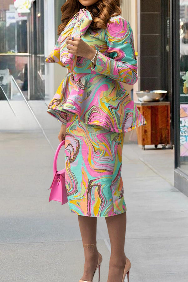 Elegant Watercolor Print Bow Tie Skirt Set