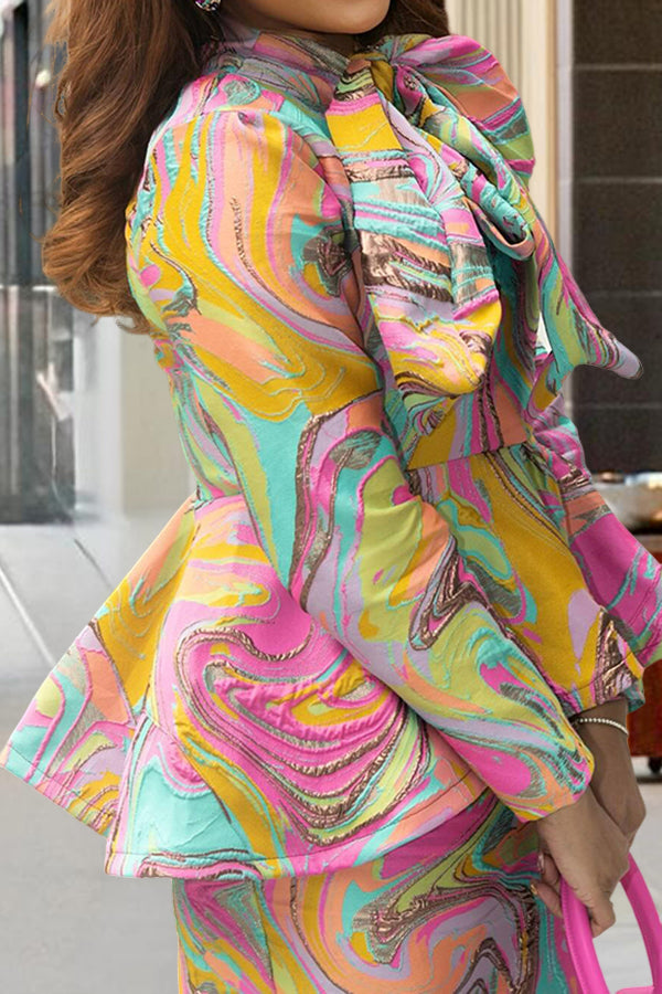 Elegant Watercolor Print Bow Tie Skirt Set