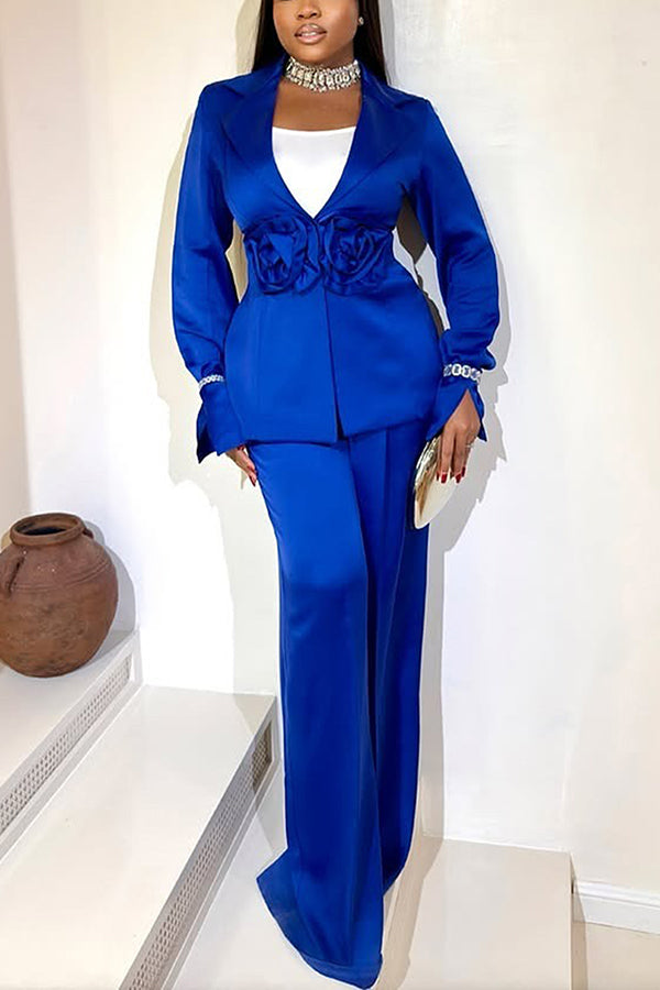 Elegant Flower Embellished Satin Suit