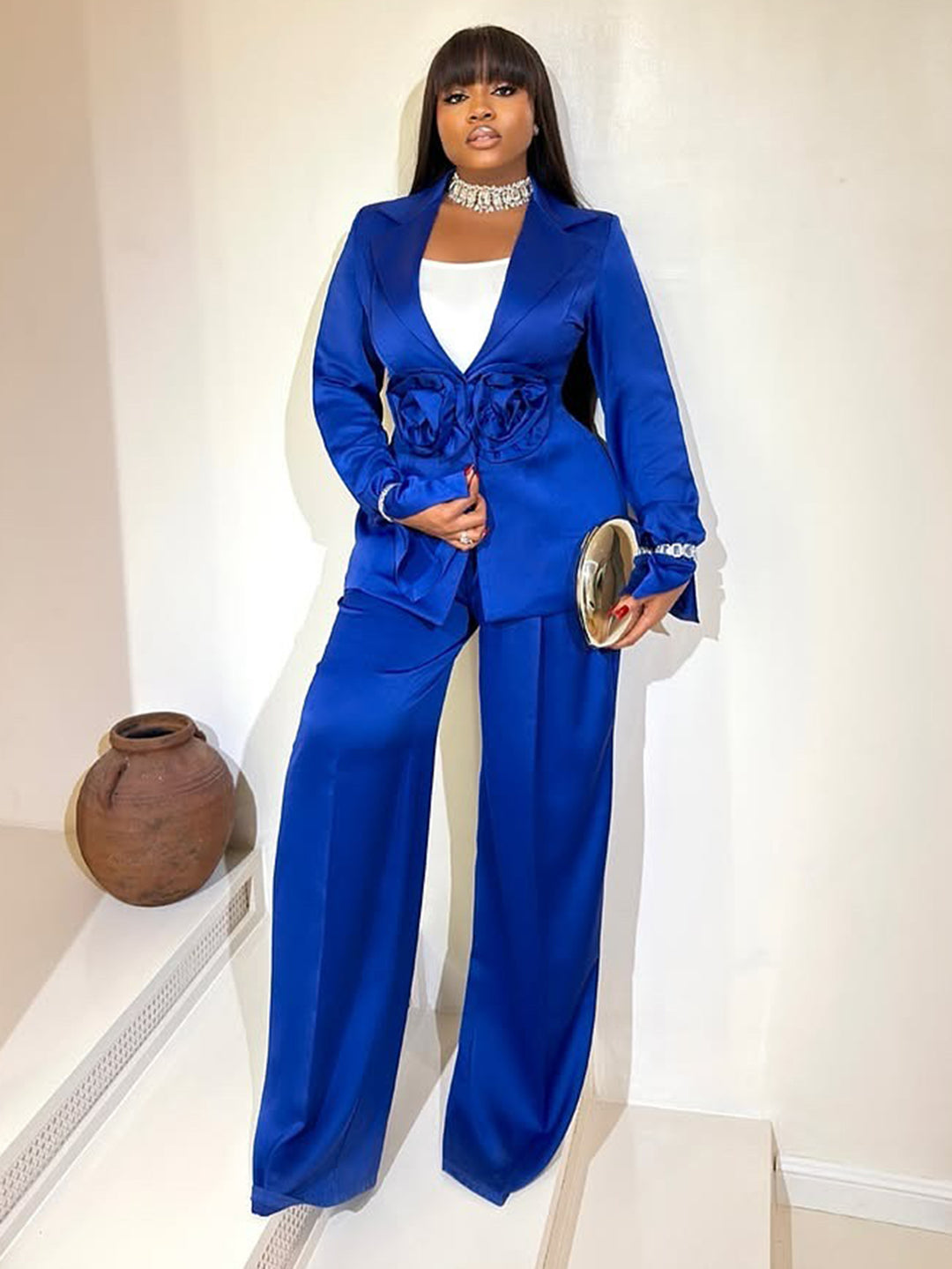 Elegant Flower Embellished Satin Suit