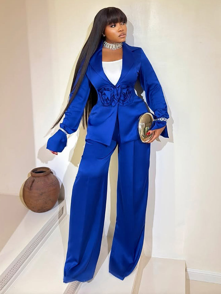 Elegant Flower Embellished Satin Suit