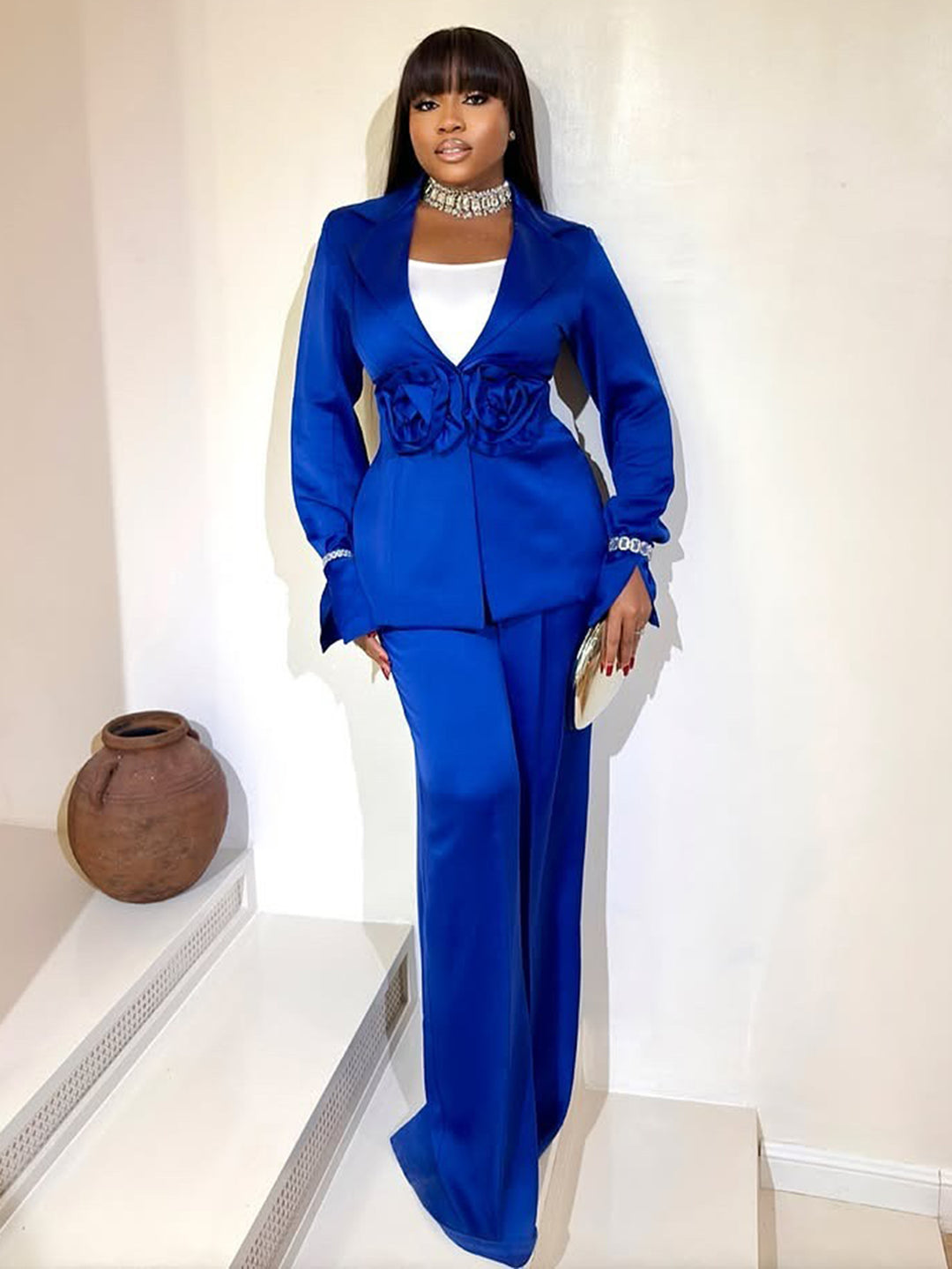 Elegant Flower Embellished Satin Suit