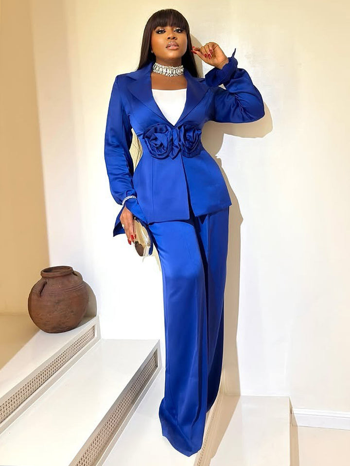 Elegant Flower Embellished Satin Suit