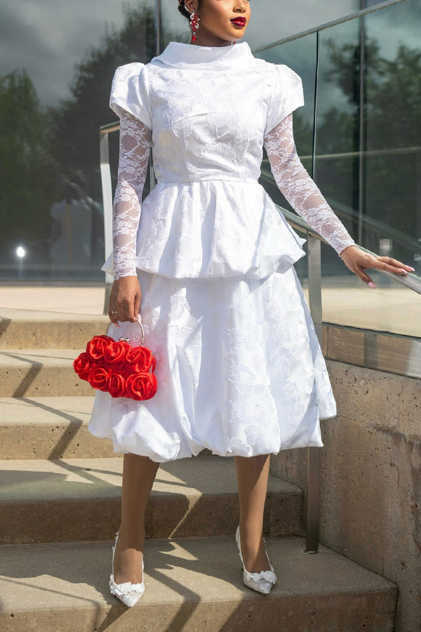 Elegant Lace Sleeve Jacquard Skirt Suit