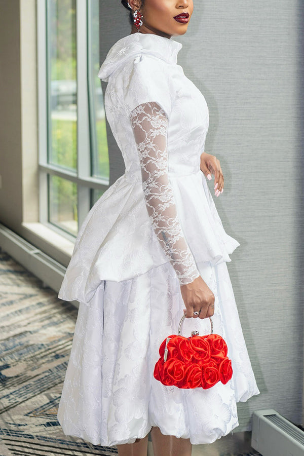 Elegant Lace Sleeve Jacquard Skirt Suit