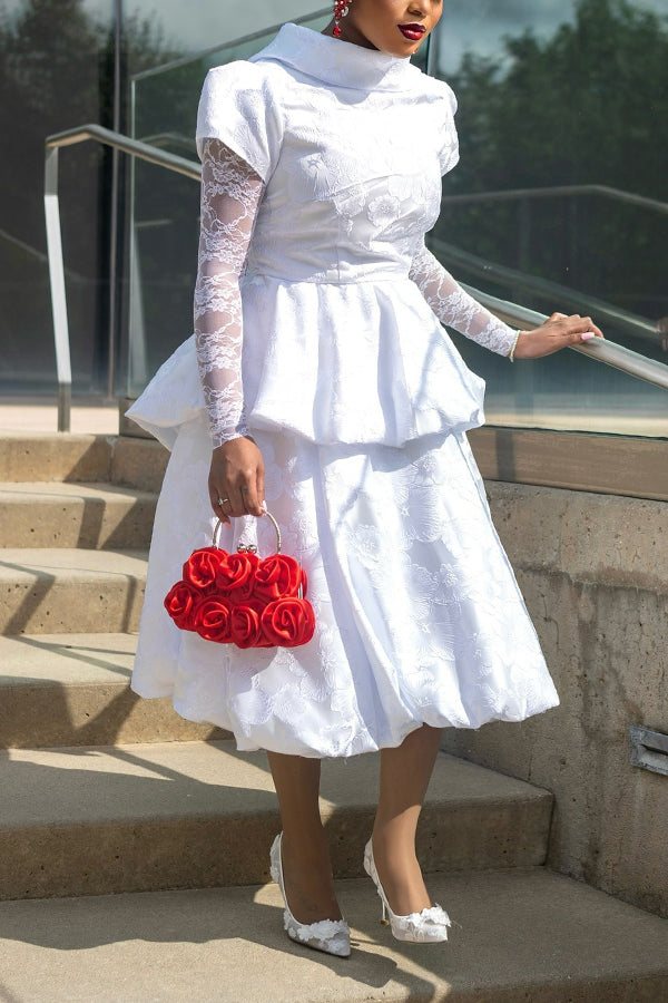 Elegant Lace Sleeve Jacquard Skirt Suit