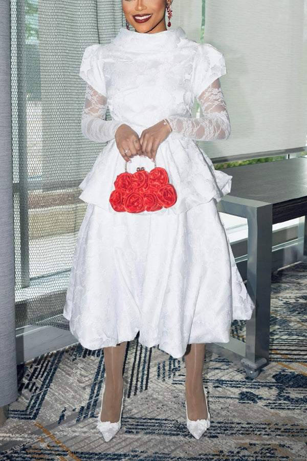 Elegant Lace Sleeve Jacquard Skirt Suit