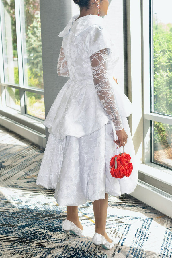 Elegant Lace Sleeve Jacquard Skirt Suit