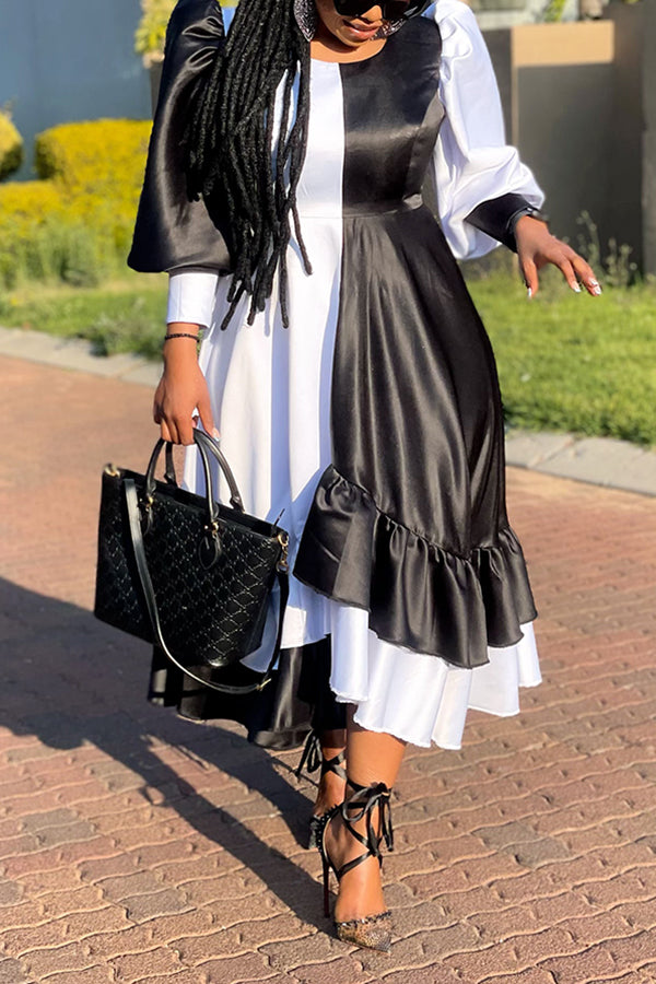 Elegant Colorblock Puff Sleeve Ruffled Hem Dress 