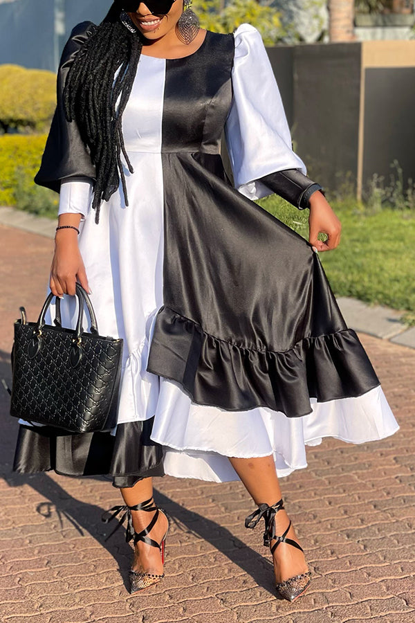 Elegant Colorblock Puff Sleeve Ruffled Hem Dress 
