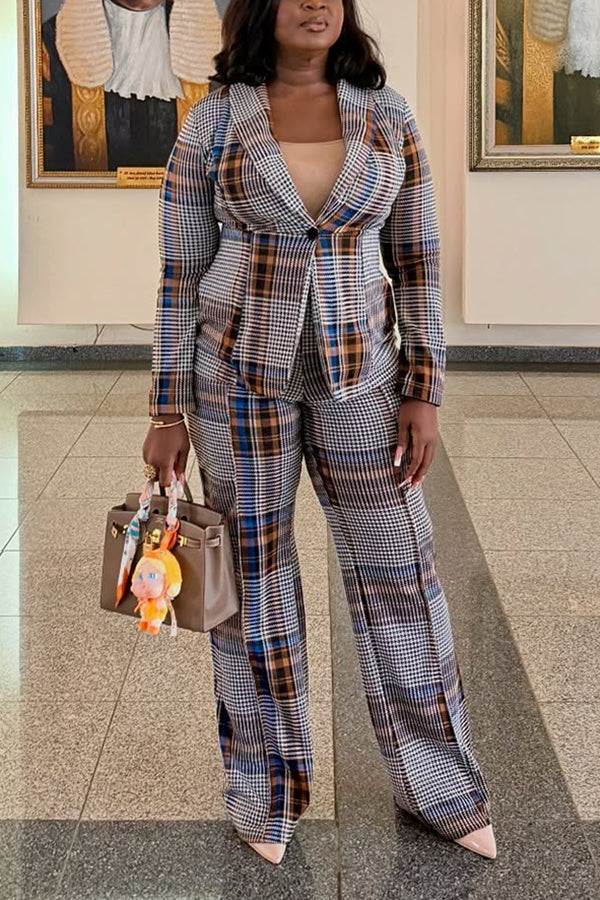 Elegant Multi-Color Plaid Blazer Set