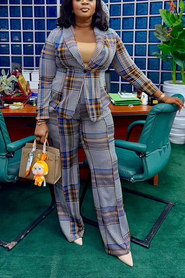 Elegant Multi-Color Plaid Blazer Set