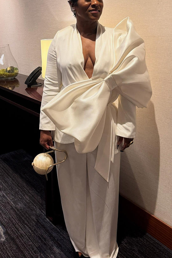Elegant Oversized Bow Top & Wide-Leg Pants