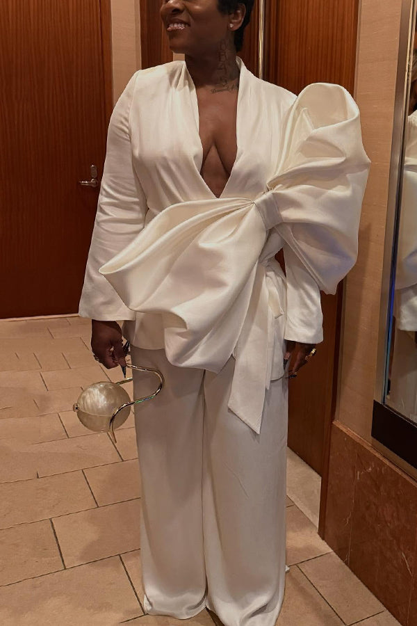 Elegant Oversized Bow Top & Wide-Leg Pants