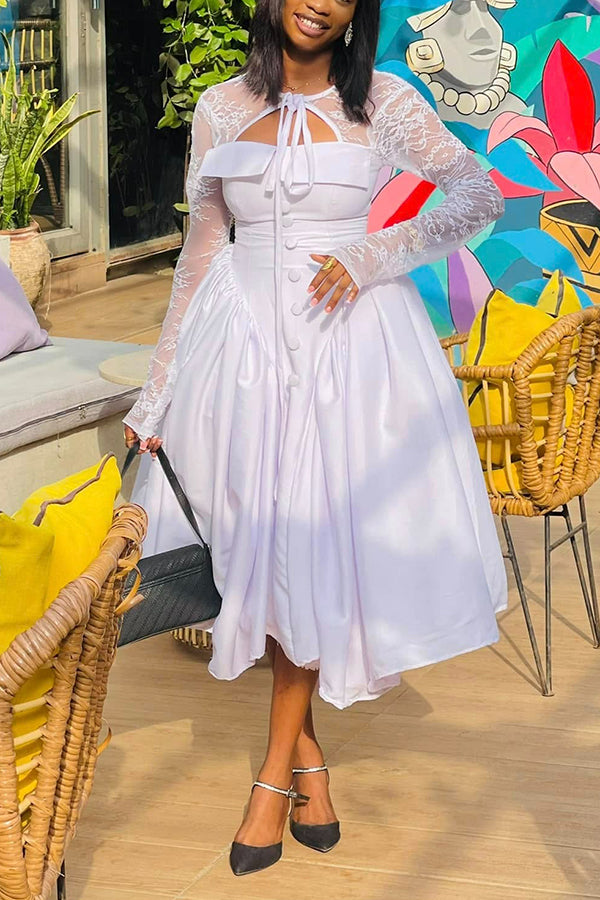 Elegant Lace Sleeve Pleated Dress