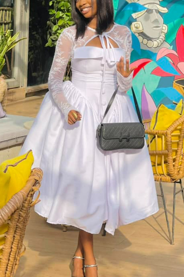 Elegant Lace Sleeve Pleated Dress