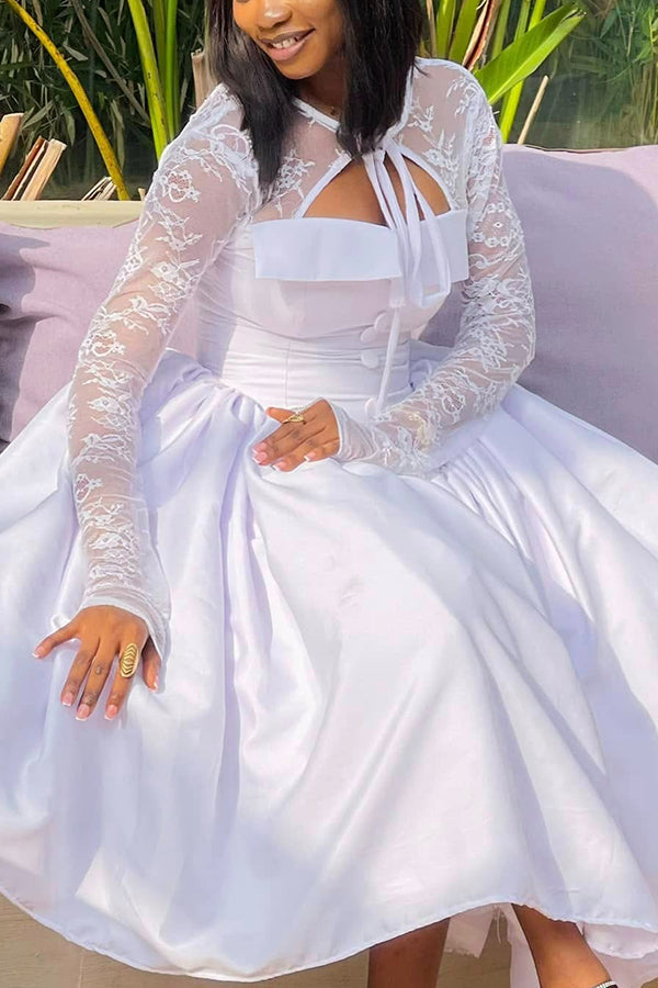Elegant Lace Sleeve Pleated Dress