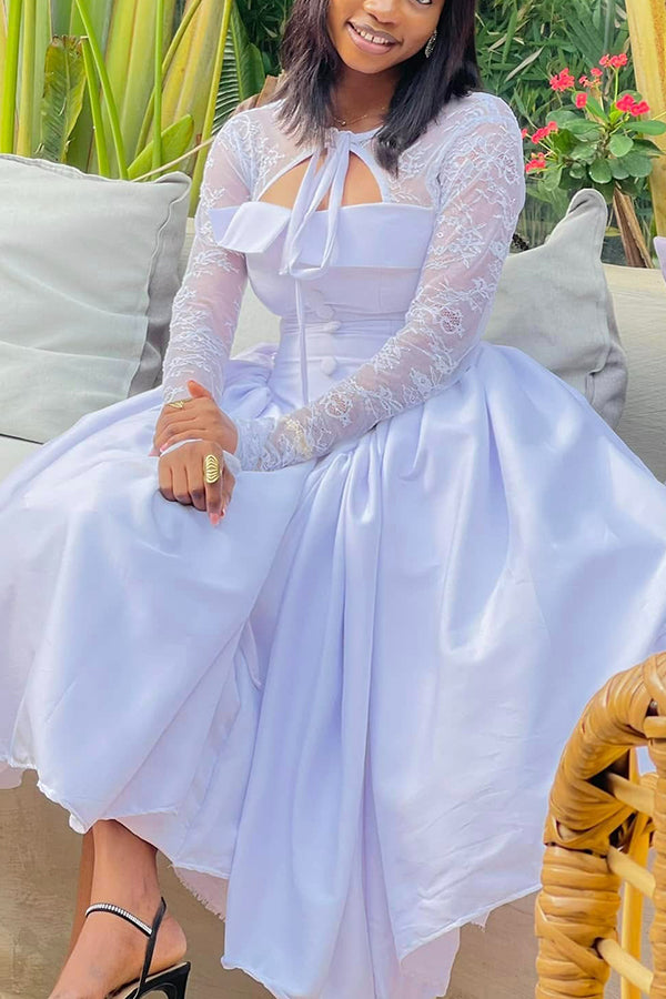 Elegant Lace Sleeve Pleated Dress