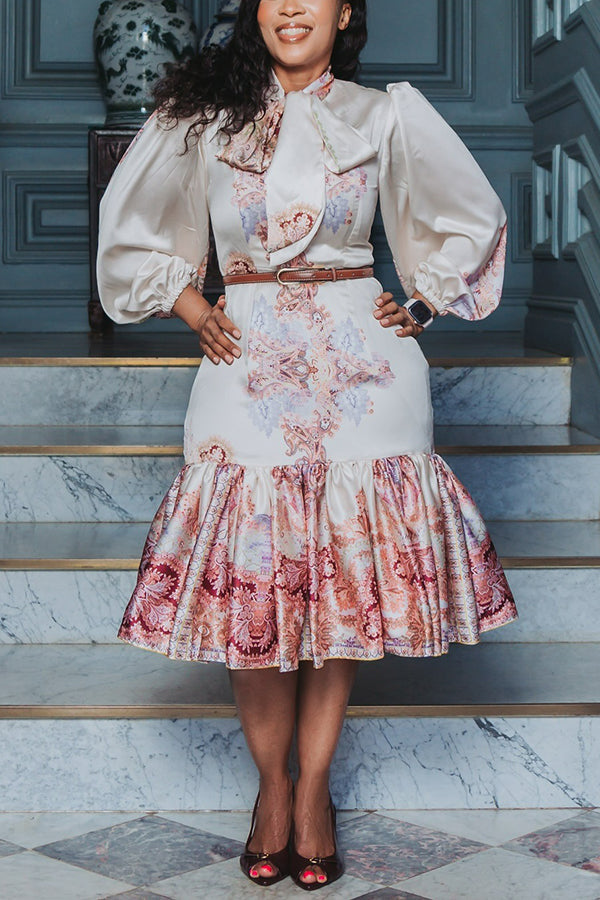 Elegant Floral Pussy-Bow Lantern Sleeve Dress