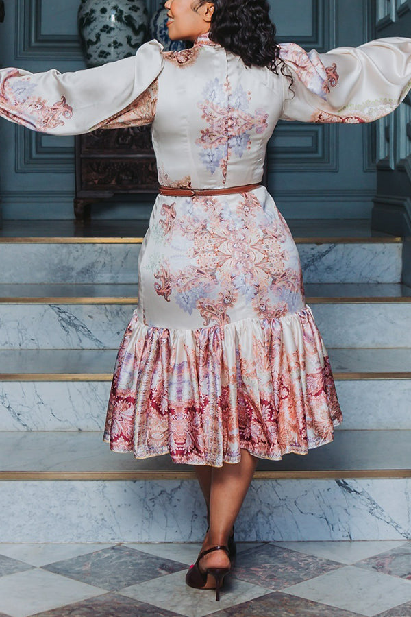 Elegant Floral Pussy-Bow Lantern Sleeve Dress