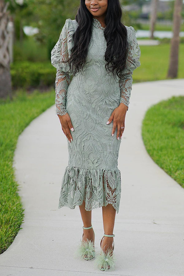 Elegant Puff Sleeve Ruffled Lace Dress