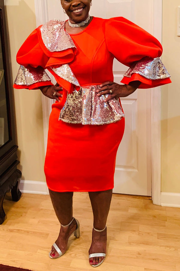 Elegant Sequin Ruffled Puff Sleeve Dress