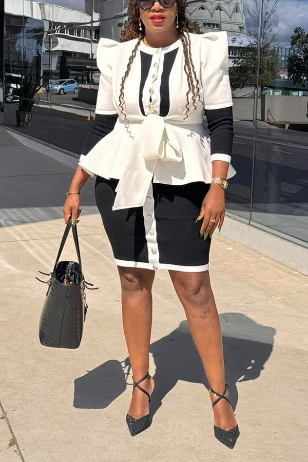 Elegant Colorblock Puff Sleeve Tie Skirt Suit