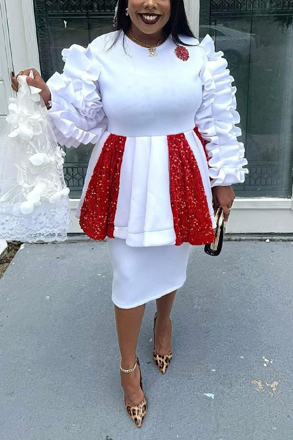 Elegant Sequin Patchwork Ruffled Skirt Suit