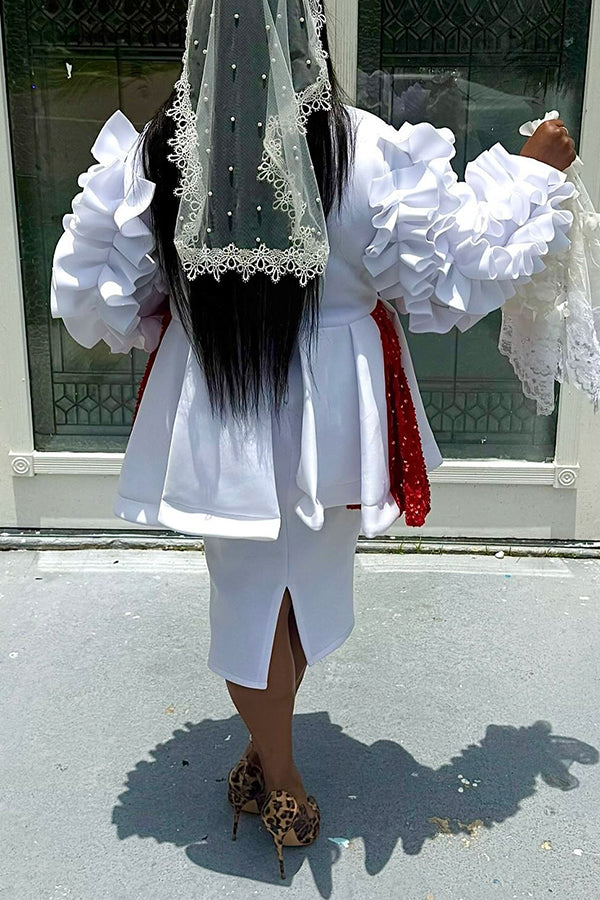 Elegant Sequin Patchwork Ruffled Skirt Suit