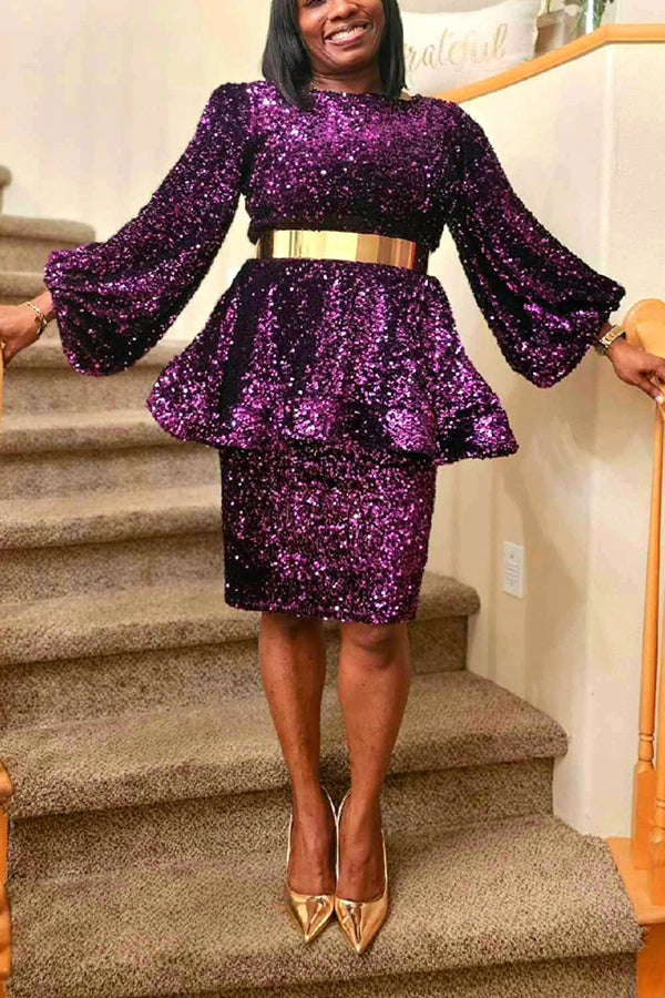 Elegant Lantern Sleeve Ruffled Sequin Suit