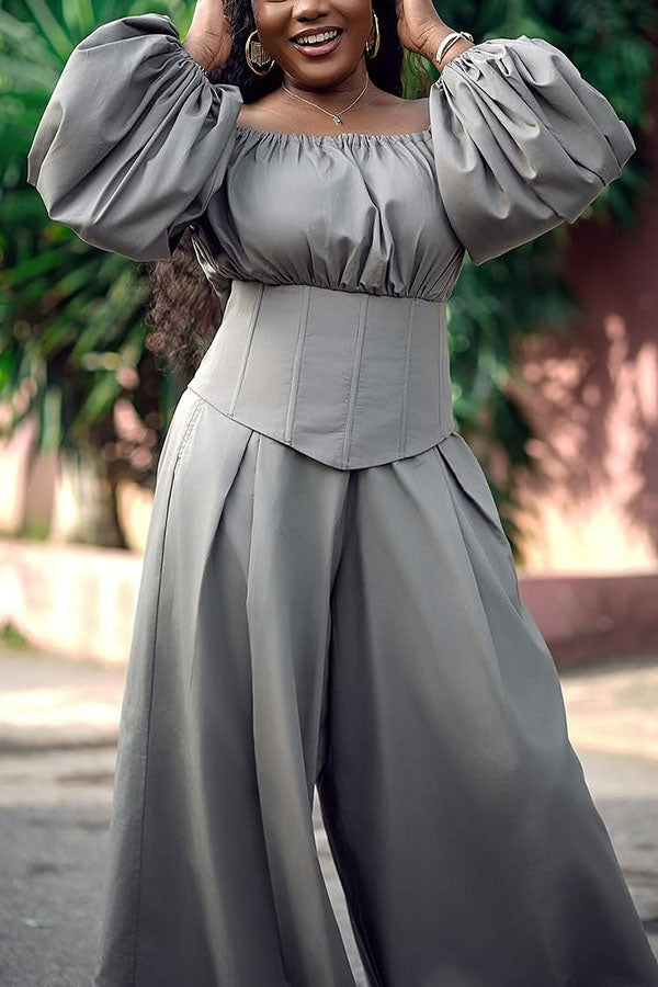 Fashionable Corset-Hem Balloon-Sleeve Shirt & Wide-Leg Pants