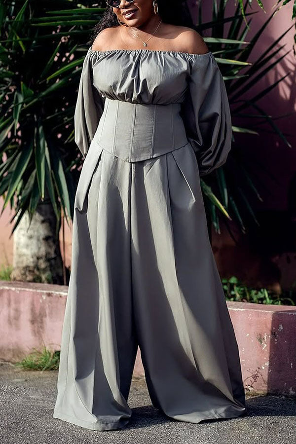 Fashionable Corset-Hem Balloon-Sleeve Shirt & Wide-Leg Pants