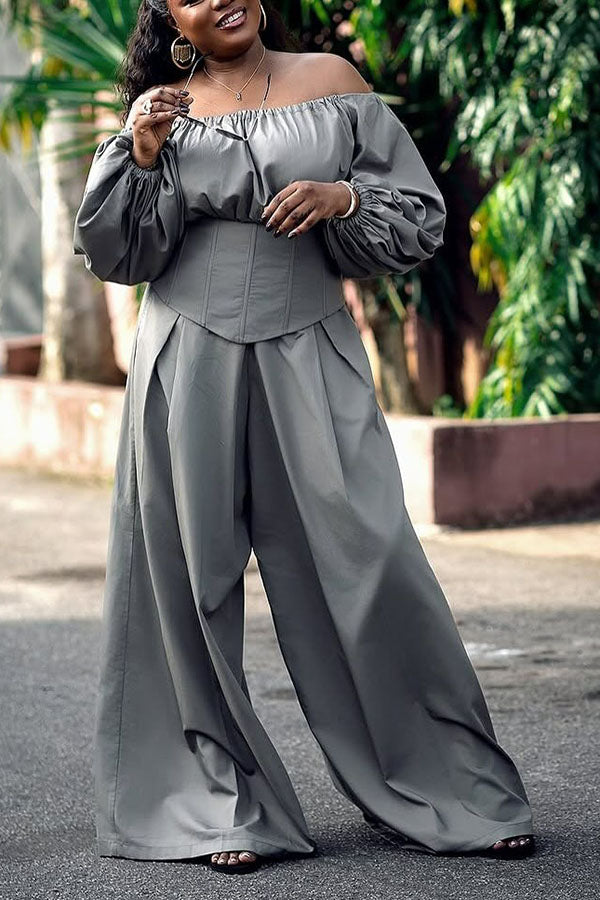Fashionable Corset-Hem Balloon-Sleeve Shirt & Wide-Leg Pants