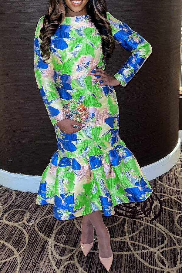 Elegant Ruffle Hem Jacquard Dress