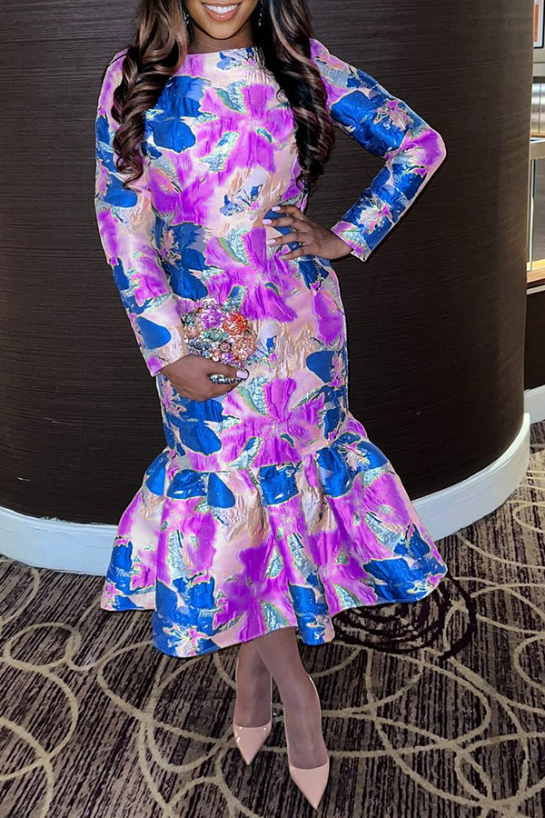 Elegant Ruffle Hem Jacquard Dress