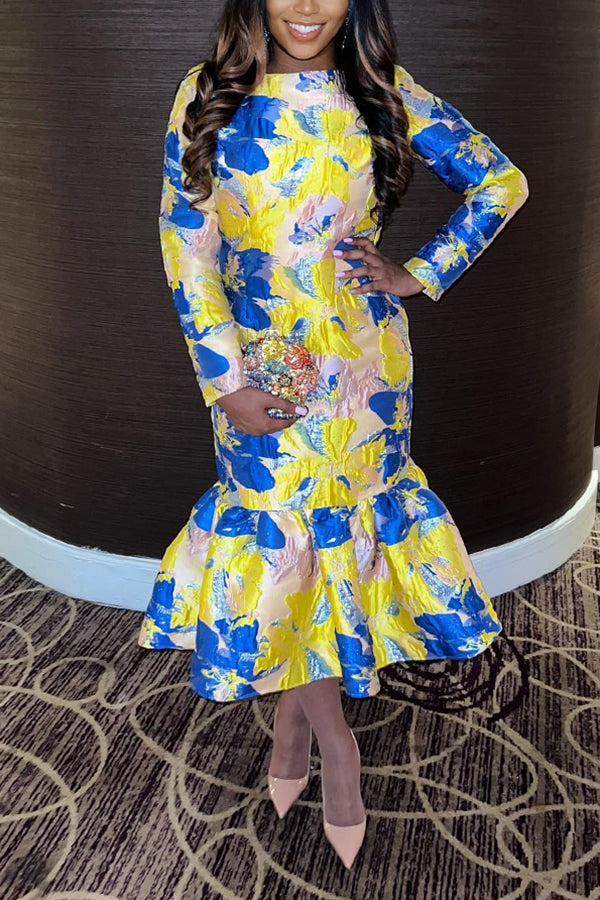 Elegant Ruffle Hem Jacquard Dress