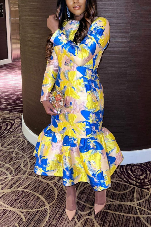 Elegant Ruffle Hem Jacquard Dress