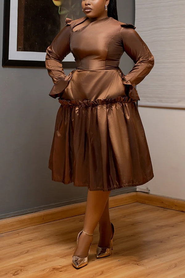 Stylish Asymmetrical Neckline Ruffle Midi Dress